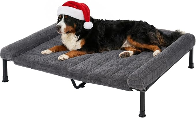 Veehoo Elevated Dog Bed Large Sized with Fluffy Plush Bolster Cushion, Washable Orthopedic Dog Couch Bed, Cooling Raised Pet Cot with Removable Mat, Breathable Mesh, No-Slip Feet, 53 x 37 inches, Grey