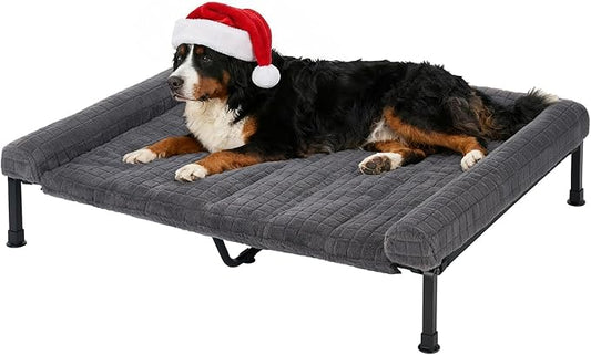 Veehoo Elevated Dog Bed Large Sized with Fluffy Plush Bolster Cushion, Washable Orthopedic Dog Couch Bed, Cooling Raised Pet Cot with Removable Mat, Breathable Mesh, No-Slip Feet, 53 x 37 inches, Grey