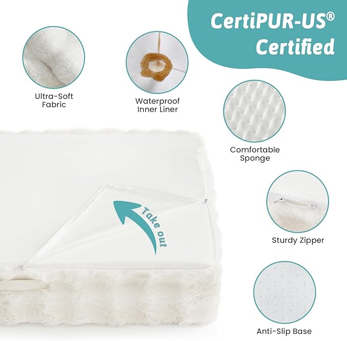 Orthopedic Dog Bed for Large Size Dog, Soft and Warm Faux Fur Extra Large Sofa for Pet Up to 100 lbs, Foam Bolster Anti-Slip Couch with Washable Removable Cover, XL 44x32x7 inch, Beige