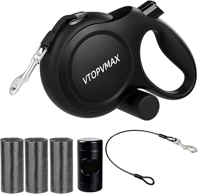 26Ft Retractable Dog Leash for Medium/Large Dogs up to 110lbs, Strong Heavy Duty Retractable Leash with Chew-Proof Cable, 360 Tangle Free, One Hand Brake Lock & Poo Bag Holder (Black)