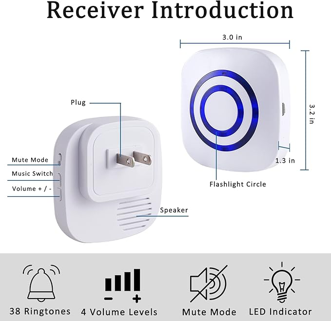 Motion Sensor Alarm, Long Range Wireless Driveway Alarm, Indoor Home Security System Electric Doorbells, 2 Motion Detector and 1 Alarm, 38 Chime Tunes, LED Indicator