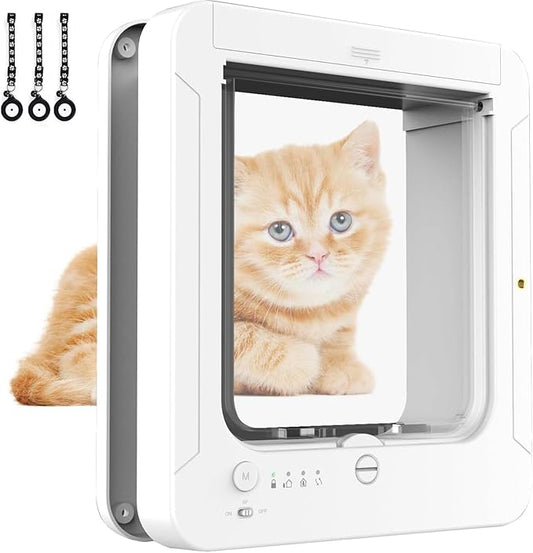 Smart Cat Door with 3 Collar Sensor & 1 Remote Control, Automatic Sensing Pet Door for Interior & Exterior, 4 Way Locking Cat Flap Pet Door with RFID Collar Activated Opening (White)