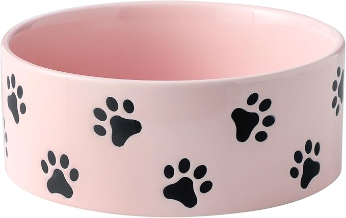 6.5 Inch Pink Ceramic Dog Bowl with Paw Print Pattern - Porcelain Wide Mouth Dog Food or Water Bowls, Large Feeding Pet Bowls for Indoor Medium Sized Dogs, for Wet or Dry Food