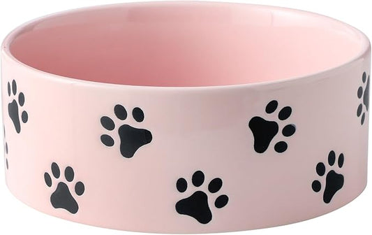 6.5 Inch Pink Ceramic Dog Bowl with Paw Print Pattern - Porcelain Wide Mouth Dog Food or Water Bowls, Large Feeding Pet Bowls for Indoor Medium Sized Dogs, for Wet or Dry Food
