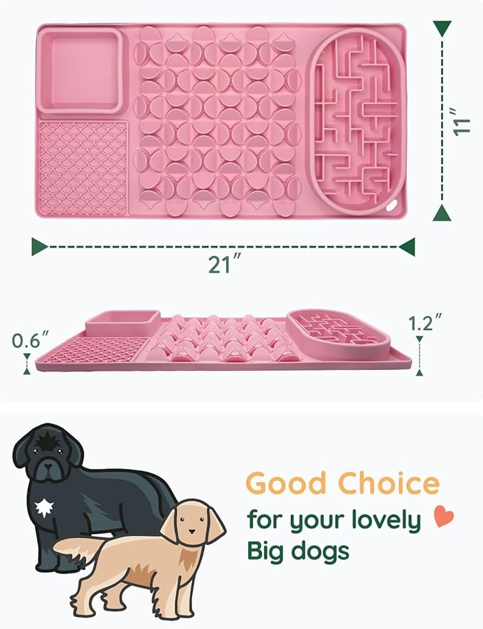Slow Feeder Bowl for Large Dog, Silicone Lick Mat & Snuffle Mat with Suction Cups - Interactive Puzzle Feeder to Slow Eating & Keep Busy, Reduce Vomiting & Relieve Boredom (21"x 11" Pink)