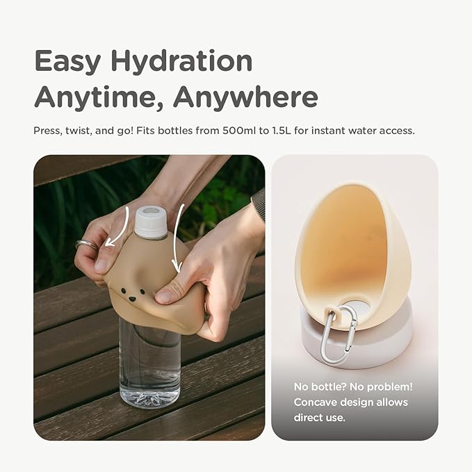 Portable Dog Water Bottle Bowl, for Travel, for Outdoor Activities, BPA Free Silicone Body, Easy to Clean, Dishwasher Safe, Carabiner Included (Brown)