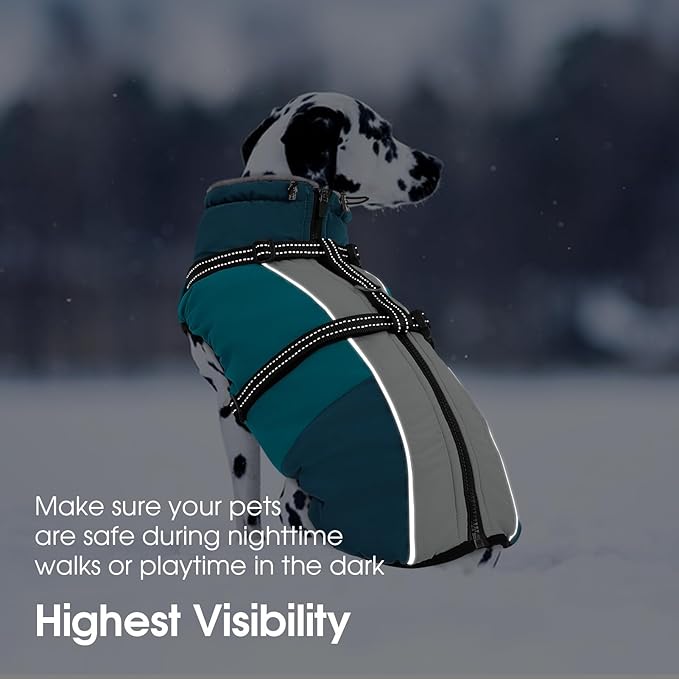 SUNFURA Dog Winter Coat, Warm Dog Coat with Harness for Medium Dogs Boys Girls, Reflective Fleece Lined Pet Winter Jacket Snowsuit for Pug, Jack Russel, Schnauzer, Turquoise M