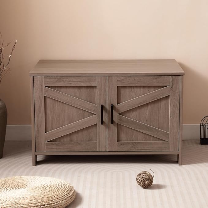 Cat Litter Box Enclosure, Litter Box Furniture Hidden with Barn Door, Wooden Kitty Washroom Furniture, Cat House, End Table, Fit Most of Litter Box (Spacious + Greige + Wood)
