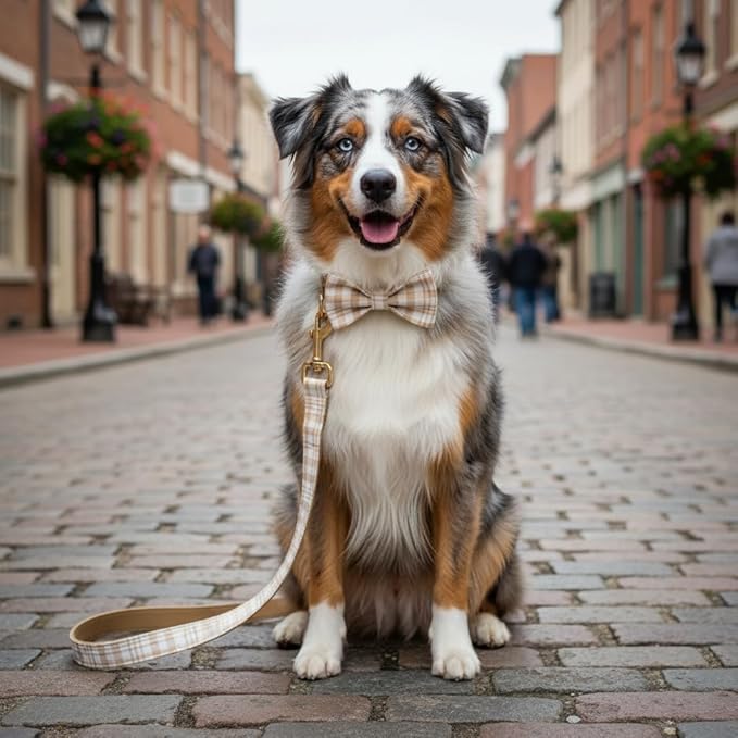 PETDURO Personalized Dog Collar Brown Plaid for Large Medium Dogs | Engraved Name and Phone Number on Gold Metal Buckle for Boys & Girls | Add Leash & Bow Tie via Customize Now