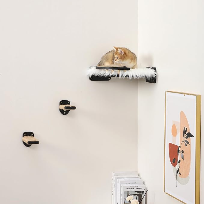Cat Wall Shelves - 3 Steps Scratch Post & Hammock Bed with Plush Cover, Climbing Shelf for Indoor Cats (Black)