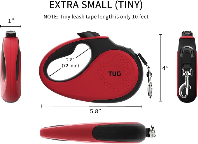 TUG Tiny 360° Tangle-Free Retractable Dog Leash with Anti-Slip Handle | 10 ft Nylon Tape | One-Handed Brake, Pause, Lock (Red)