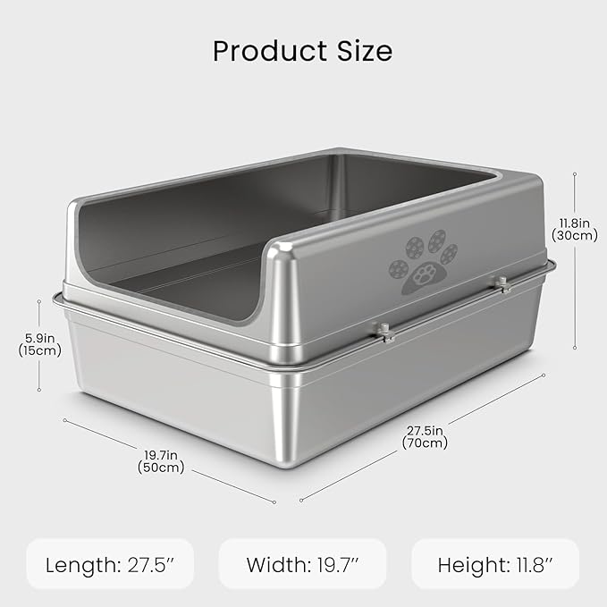 Enclosed Stainless Steel Cat Litter Box with Lid, Oversize Metal Litter Box for Multi Cats, Extra XXL Cat Toilet with High Side, Non-Stick, Anti-Leakage, Odorless, with Litter Mat & Litter Scoop