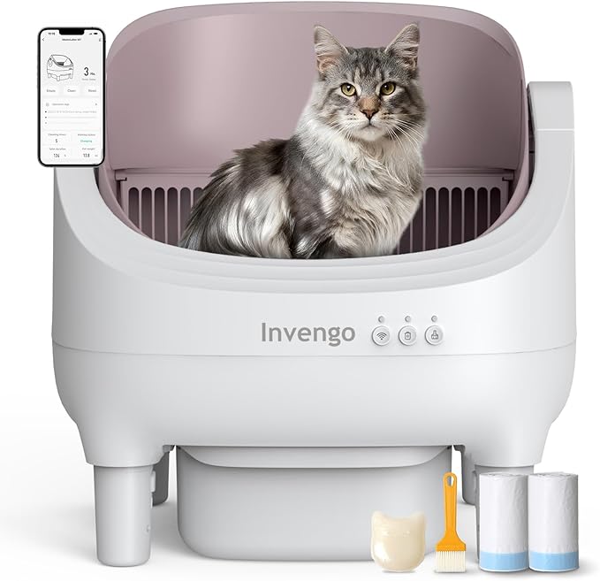 Automatic Cat Litter Box Self Cleaning, App Control, Open-Top Automatic Litter Box with Safety Sensors, Ultra-Quiet, 10L Waste Bin with Odor Control, 2 Rolls of Garbage Bags, Champagne