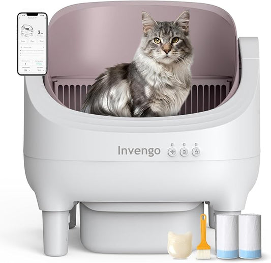 Automatic Cat Litter Box Self Cleaning, App Control, Open-Top Automatic Litter Box with Safety Sensors, Ultra-Quiet, 10L Waste Bin with Odor Control, 2 Rolls of Garbage Bags, Champagne