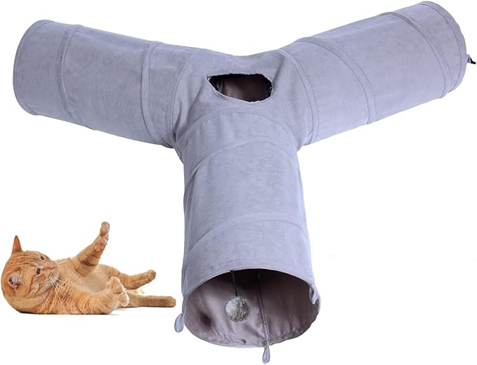 3 Way Collapsible Cat Play Tube Toys with Plush Ball, Indoor Play Tunnel for Puppy, Kitty, Kitten, Rabbit