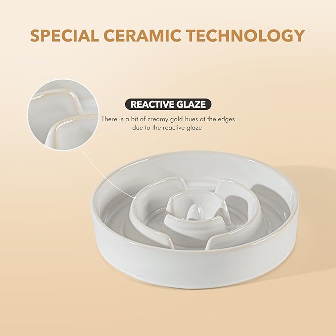 Ceramic 3.2 Cup Dog Bowl Slow Feeder for Large Dog, 9.5inch Pet Slow Dish, Stop Bloat, Preventing Choking(Single Bowl, Reactived Glaze -White)