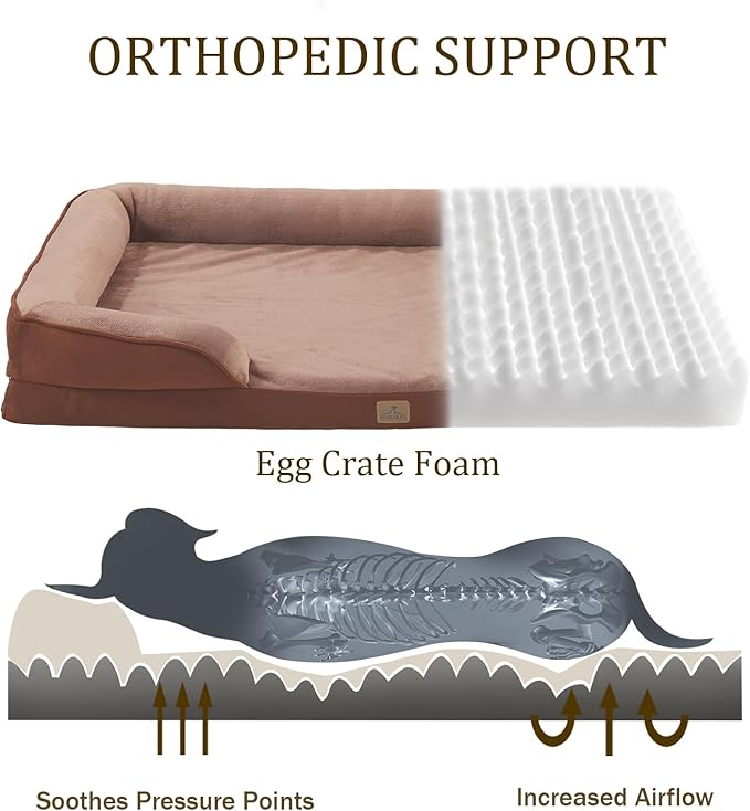 Bedfolks Orthopedic Dog Bed, Big Waterproof Dog Sofa Bed for Large Dogs, Egg Foam Pet Couch Bed with Removable Washable Cover and Nonslip Bottom, Brown