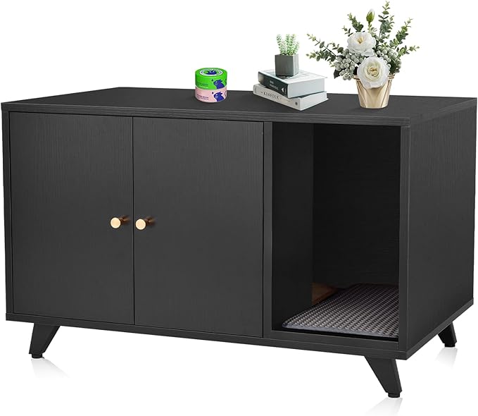 Cat Litter Box Enclosure, Hidden Litter Box Furniture Washroom Storage Cabinet, Modern Cat House with Scratche Pad (Black)