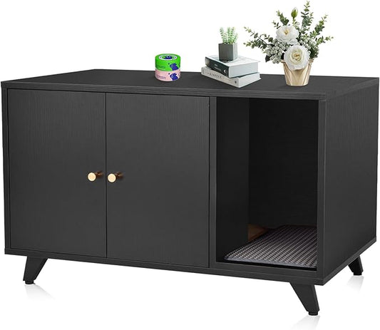 Cat Litter Box Enclosure, Hidden Litter Box Furniture Washroom Storage Cabinet, Modern Cat House with Scratche Pad (Black)