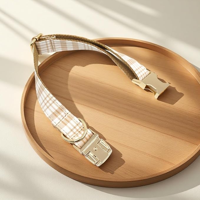 PETDURO Personalized Dog Collar Brown Plaid for Large Medium Dogs | Engraved Name and Phone Number on Gold Metal Buckle for Boys & Girls | Add Leash & Bow Tie via Customize Now