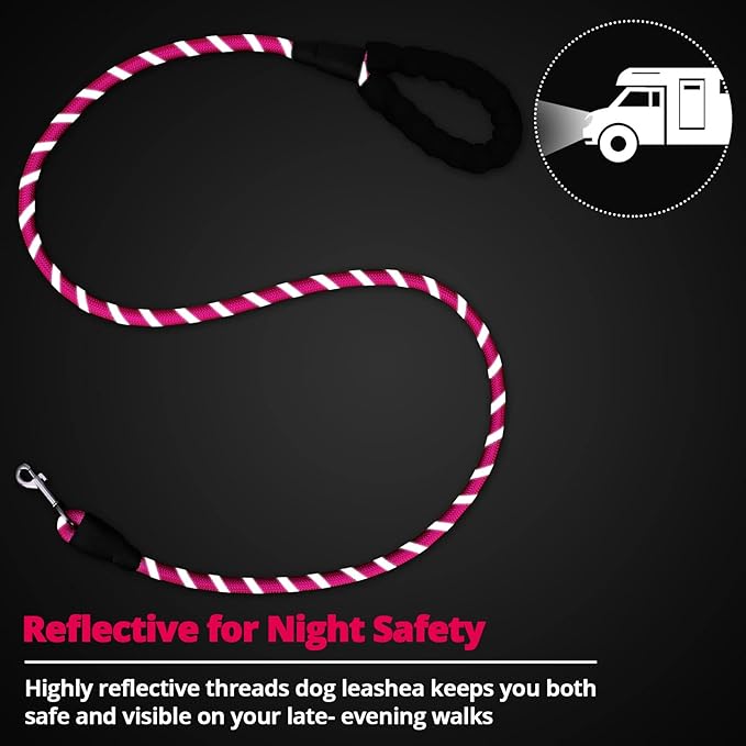 Rope Dog Leash 5 FT: Heavy Duty Leashes with Swivel Lockable Hook Reflective Threads Bungee and Padded Handle - Dog Lead for Large Small Medium Dogs Outside Walking Hiking Pink