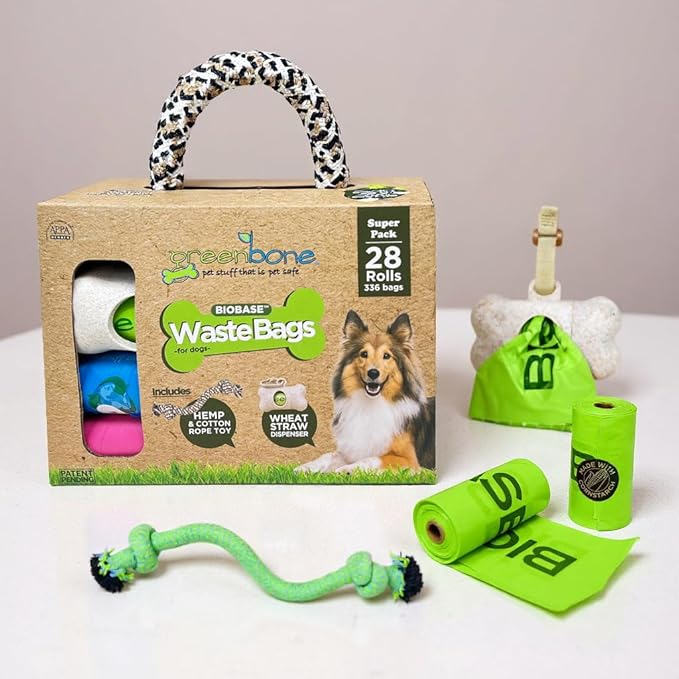 Greenbone BioBase Green Dog Poop Bag Refills: 28 Rolls - 336 Bags with Dispenser and Rope Toy Handle- Dog Gift Set
