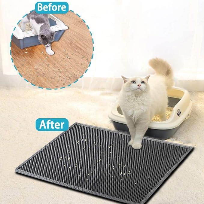 Large Cat Litter Box Mat: Easy Clean Kitty Litter Trapping Mat for Floor, Honeycomb Design Cat Box Pad (24 * 30in, grey, 2p)
