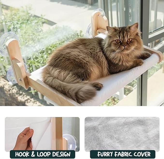 Foldable Cat Window Perch with Plush Furry Cover, Cat Hammock with Wooden Frame - Sturdy Suction Cups, No Drilling Required, Perfect for Indoor Cats & Kitchens, Easy to Clean