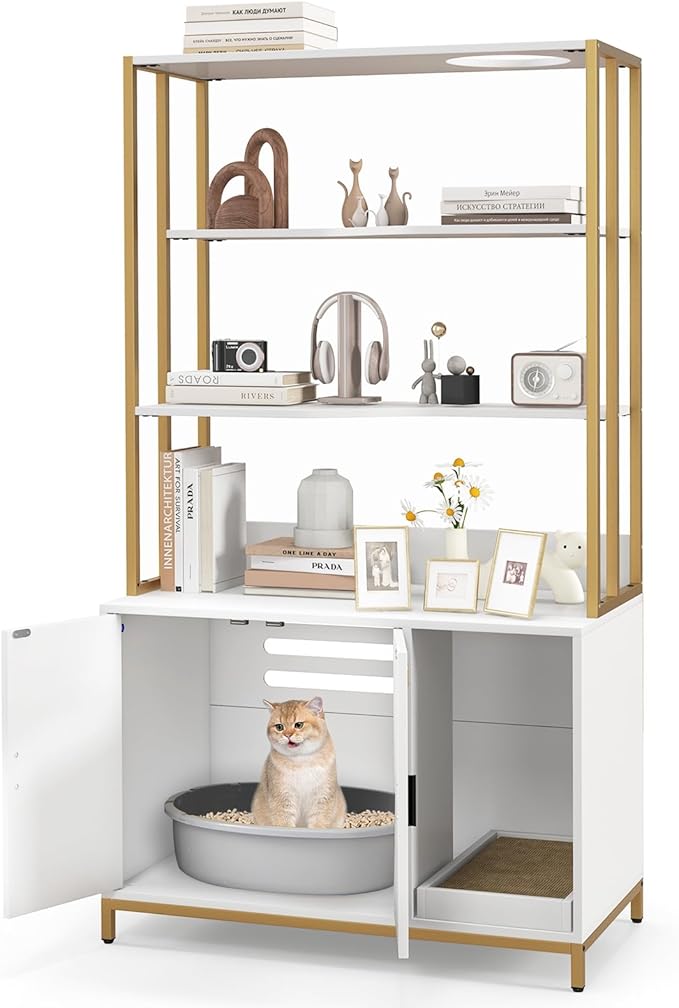 PETSITE Cat Litter Box Furniture with 3 Shelves and Doors, 61 inch Tall Cat Box Enclosure with Display Shelves, Scratching Pad, Indoor Hidden Litter Box with Decorative Storage Shelving (White)