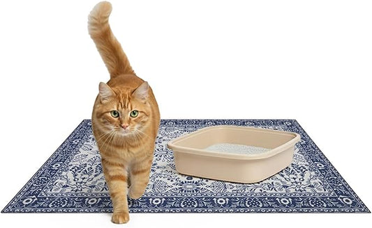 Lovewag Washable Cat Litter Trapper Mat 2 PCs - Keep Litter Off Your Floors, Gentle on Paws, 36x48 Inches Large Size, Waterproof Non-Slip Reusable Compatible with Cat Box (Indigo Garden)