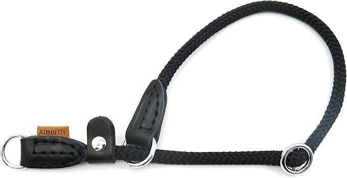 Braided Round Martingale Dog Collar, Training Collar with Slidable Stop Ring and Adjustable Stopper - Ideal for Small Dogs (S(1/4") - 14" Long, Black)