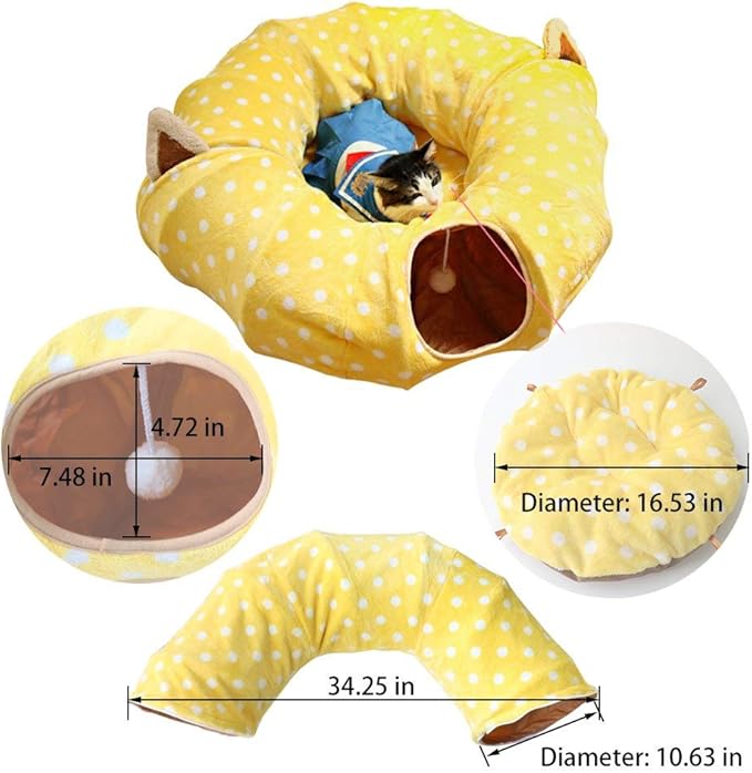 AUOON Cat Tunnel Bed - Christmas Tree Cat Tunnel, Cat Donut Tunnel with Soft Plush Circle Cushion for Indoor Cats Kitten Kitty Puppy Rabbit Ferret (Yellow)