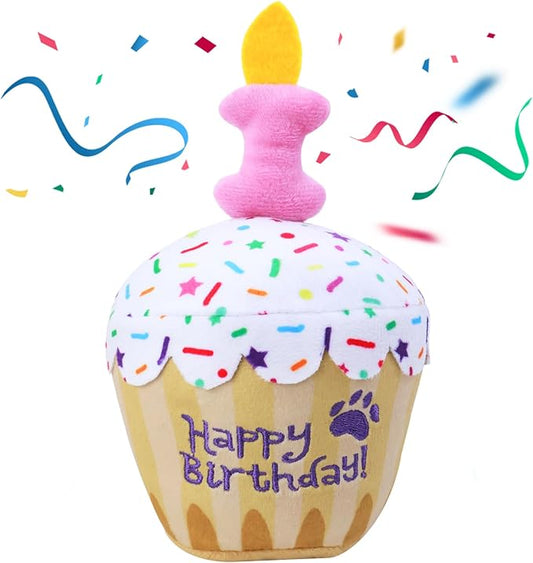 Dog Birthday Toy, Birthday Cake Plush Squeak Dog Toys for Puppy Gifts, Unique Bone Candle Design, Dogs Party Decor