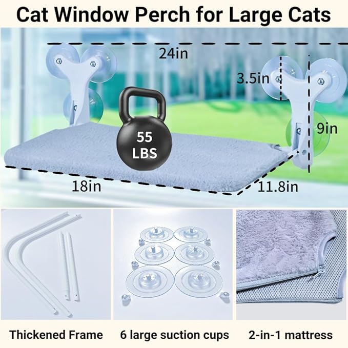 Cat Window Perch Hammock, 6 Suction Cups, 55 Lbs for Large Cats/Multiple Cats, Seat Bed, Indoor Foldable Design with Thickened Metal Frame. Dual-Sided Washable Mat