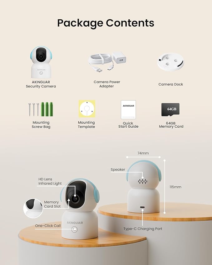 4K 8MP Indoor Security Camera with 64GB Memory Card, 5GHz/2.4GHz WiFi Camera, 360° Pan/Tilt IP Camera, Auto Tracking, AI Human/Face/Pet Detection, Night Vision, 2-Way Audio, One-Touch Call