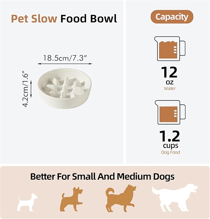 Ceramic 1.2 Cup Dog Bowl Slow Feeder, 7.3 inch Slow Pet Food Dish for Medium and Small Dog, Stop Bloat, Preventing Choking(Single Bowl, Vanilla White)