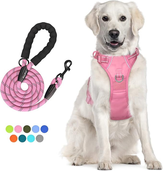 PoyPet No Pull Dog Harness and 5 Feet Leash Set, Release on Neck Reflective Adjustable Pet Vest, Front & Back 2 D-Ring and Soft Padded Pet Harness with Handle for Small to Large Dogs(Pink,L)