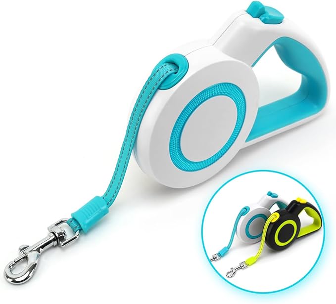 16Ft Retractable Dog Leash,Night Reflection,Light Weight Leash for Small to Medium Dogs/Cats,Stainless SteelSpring,Strong Nylon Tape,One-Handed Brake(Blue-White)