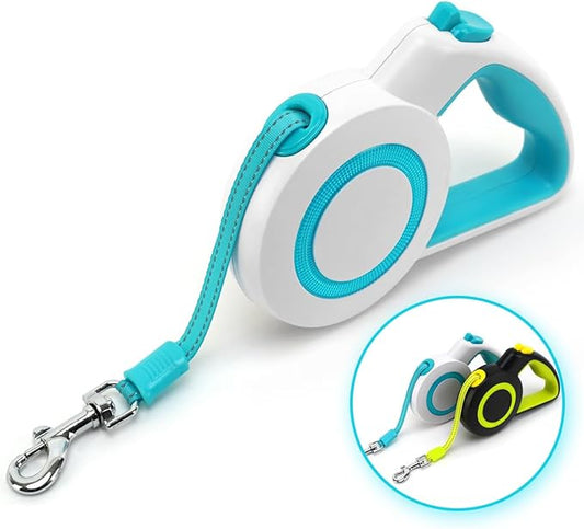 16Ft Retractable Dog Leash,Night Reflection,Light Weight Leash for Small to Medium Dogs/Cats,Stainless SteelSpring,Strong Nylon Tape,One-Handed Brake(Blue-White)