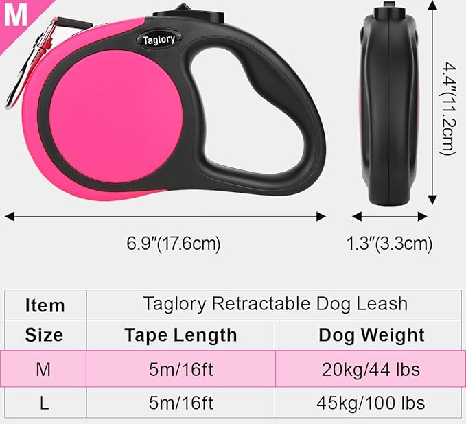 Taglory Retractable Dog Leash, 16ft No Tangle Leash Retractable for Small Medium Dogs Up to 44 lbs, One-Handed Brake, Pause, Lock, Pink