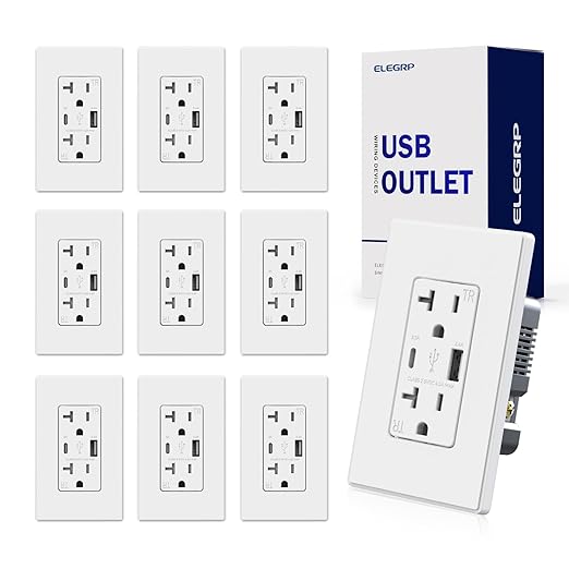 ELEGRP USB Charger Wall Outlet with Type A & Type C USB Ports, 20 Amp Duplex Tamper Resistant Receptacle Plug, Wall Plate Included, UL Listed (10 Pack, Matte White)