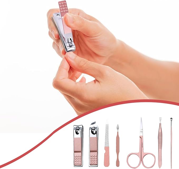 7Pcs Nail Clipper Set, Portable Travel Manicure Set, Stainless Steel & Carbon Steel Mini Manicure Kit, Exquisite Rose Gold Kit for Women and Men