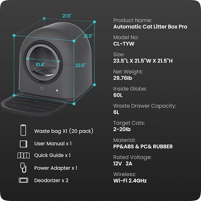 HHOLOVE TYPro Self Cleaning Cat Litter Box Automatic Hands-Free Smart Robot self Cleaning Cat Litter Box for Multiple Cats with APP Control Safe with Litter Mat Waste Bags and Deodorizer Dark Grey