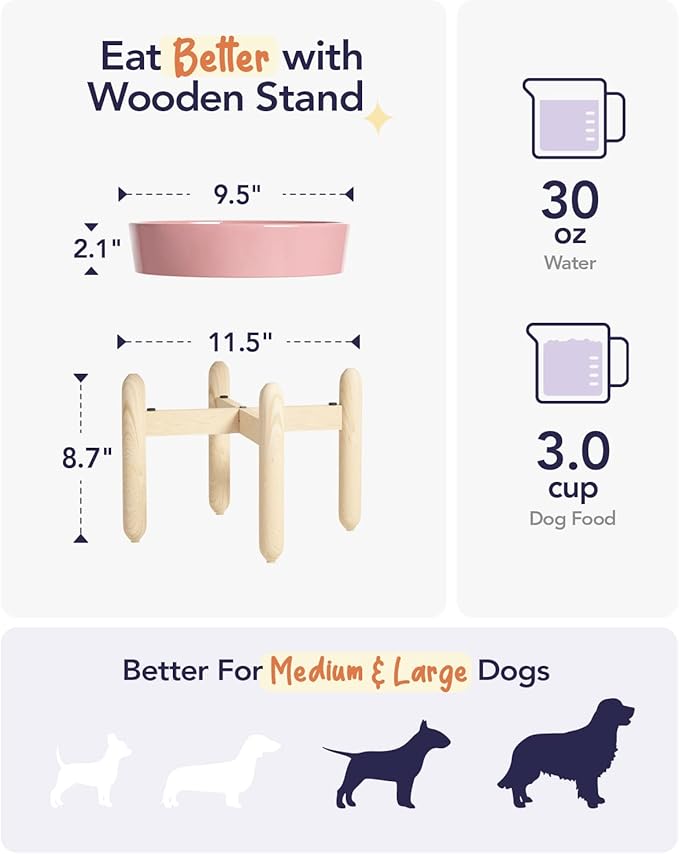 LE TAUCI Ceramic Slow Feeder Dog Bowls Elevated, 3 Cup Raised Bowl with Wooden Stand for Medium Large Breed, Slow Down Eating, Puzzle Dog Food Bowl, Pink Bloom