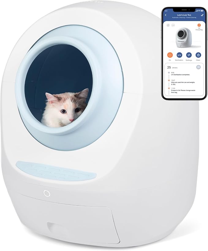 Casa Leo Leo’s Loo Too Self-Cleaning Cat Litter Box, Wi-Fi App Control, <30 dB Whisper-Soft, Anti-Pinch Sensors, UV Odor Defense, Health Monitoring, Large 24 × 22 × 27.6 in