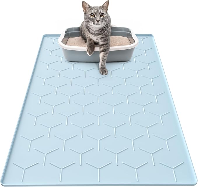 Silicone Cat Litter Trapping Mat, Large Waterproof 34" X 22" Cat Litter Box Mat, Easy to Clean, Blue
