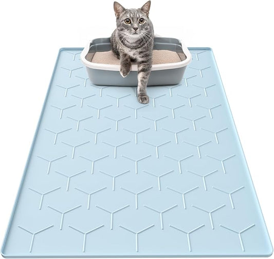 Silicone Cat Litter Trapping Mat, Large Waterproof 34" X 22" Cat Litter Box Mat, Easy to Clean, Blue