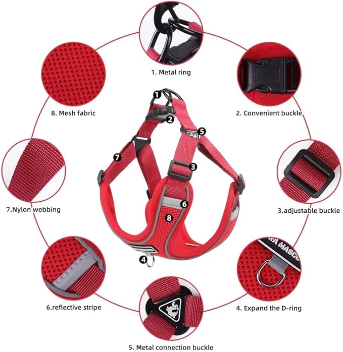 Dog Harness and Leash Set, Adjustable Triangle, Reflective Adjustable Puppy Vest, No Pull Soft Mesh Harness for Small, Medium Dogs, Cats (Red, S)