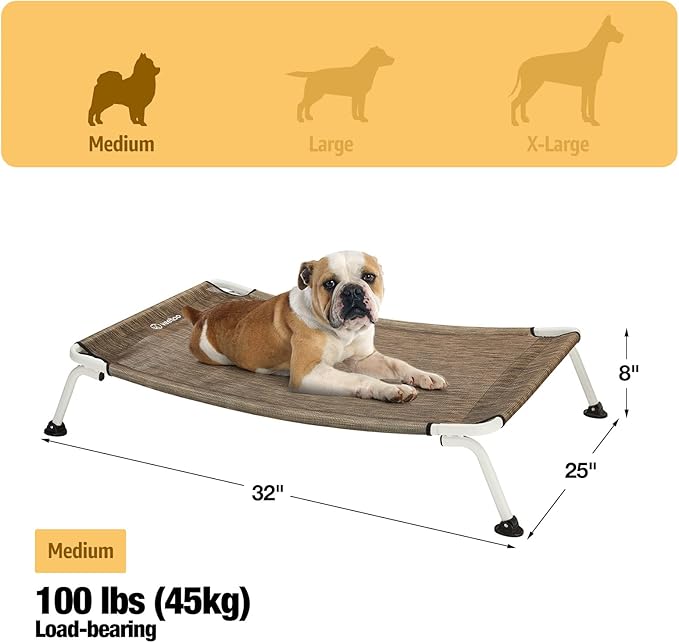 Veehoo Elevated Dog Bed for Outdoor, Cooling Waterproof Raised Dog Cots Beds for Medium Dogs, Curved Off Ground Pet Hammock Cot Lifted for Outside, up to 65lbs, White Legs, Brown 32"