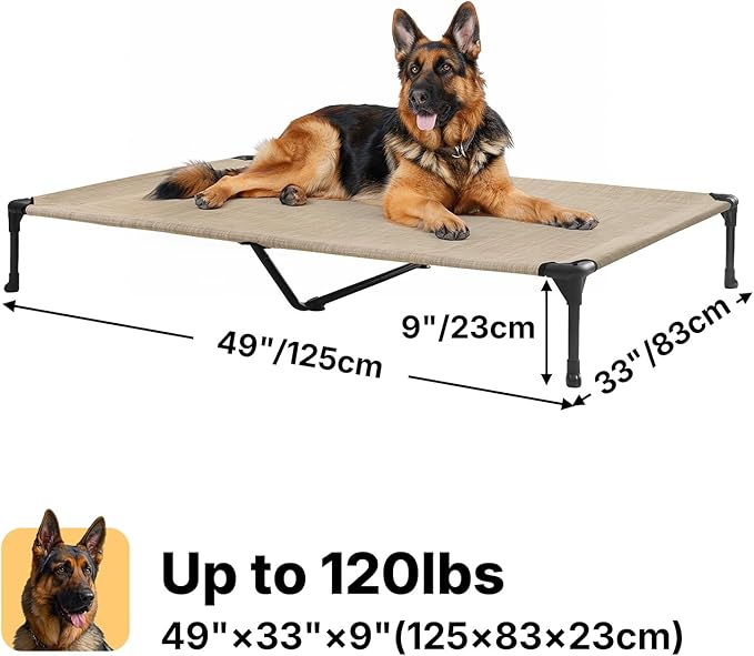 Veehoo Outdoor Elevated Dog Bed Large Sized Dogs, XL Cooling Raised Dog Cots Beds Training Platform Off Ground Hammock with Breathable Mesh, No-Slip Feet, 49"x33", Beige Coffee